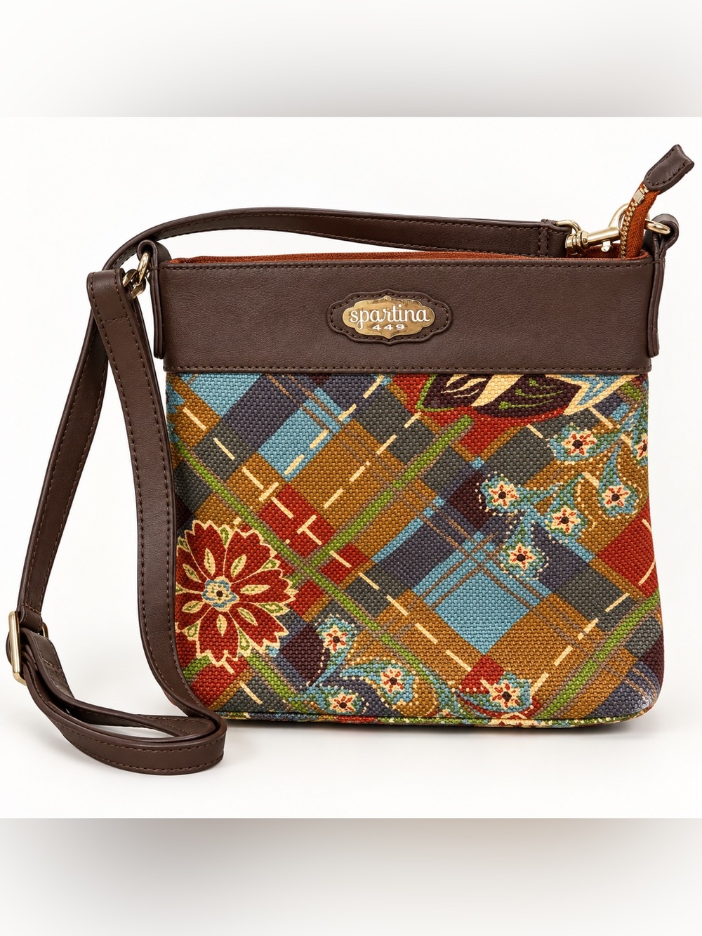 Spartina 449 Gracie Tapestry Floral Plaid Crossbody Bag Brown Multicolor